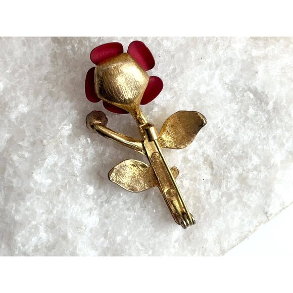 Blooming Red Rosebud Vintage Floral Costume Jewelry Brooch | Lapel Pin - Picture 4 of 10